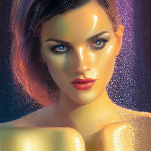 Prompt: detailed face of a fair skinned woman, lush, opulent, light cascade, shimmer, utopian, tech noir, wet reflections, prism, atmospheric, ambient, pj crook, syd mead, livia prima, artgerm, greg rutkowski, nick alm, casey baugh