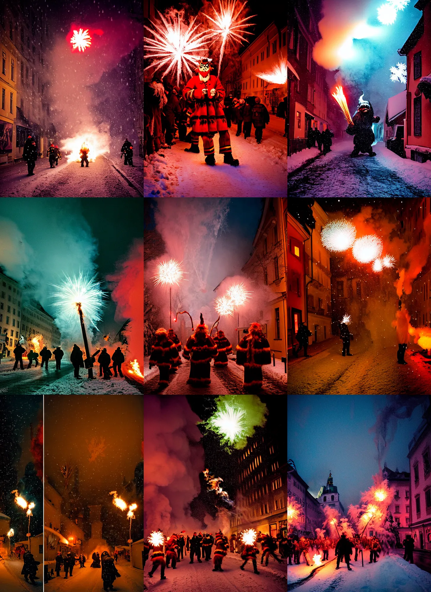Image similar to kodak portra 4 0 0, winter, snowflakes, hellfire, award winning dynamic photo of a bunch of hazardous krampus between exploding fire barrels by robert capas, motion blur, in a narrow lane in salzburg at night with colourful pyro fireworks and torches, teal lights