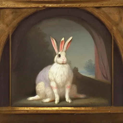 Image similar to a rabbit wearing a crown dressed as a queen, 18th century oil painting