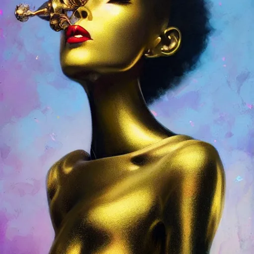 Prompt: a beautiful female robot, elegant pose, afro, gold wax melting, by Anato Finnstark, Tom Bagshaw, Brom