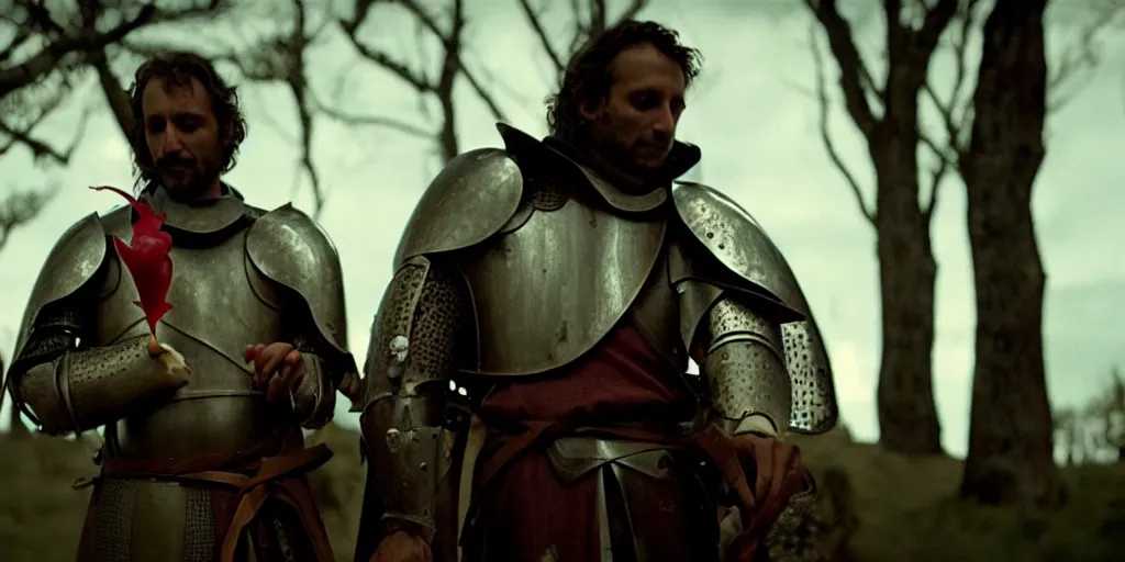 Image similar to film still of closeup the knight holds a bleeding heart in his hand by emmanuel lubezki