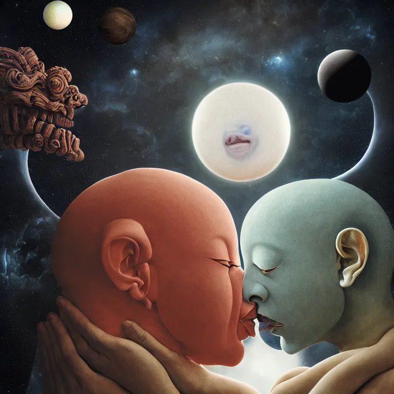 Image similar to paper collage by annegret soltau of two buddhist demons kissing each other in wastelands on white exoplanet at night, baroque portrait painting, beautiful intricate insanely detailed octane render, artstation, 8 k artistic harsh flash photography, photorealistic, volumetric perfect light, chiaroscuro, raphael, caravaggio, beksinski, rutkowski, giger