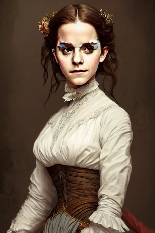 Image similar to Emma Watson dressed in a victorian fashion, D&D, fantasy, intricate, elegant, highly detailed, digital painting, artstation, concept art, matte, sharp focus, illustration, art by Artgerm and Greg Rutkowski and Alphonse Mucha