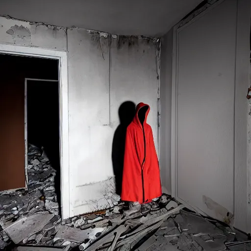 Image similar to A hooded monster lurking in an abandoned home