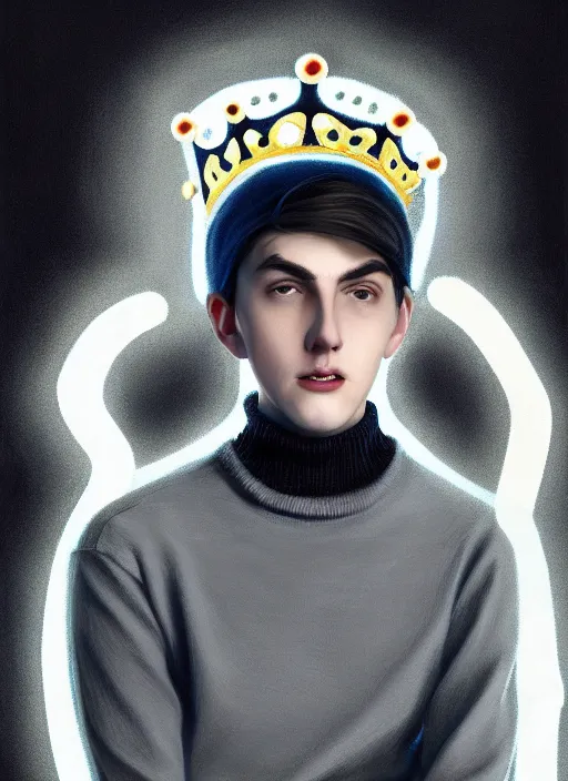 Image similar to portrait of teenage jughead jones wearing a light grey crown, crown, blue turtleneck, 1 9 5 0 s, closed eyes, photorealistic, black hair, glowing lighting, intricate, elegant, glowing lights, highly detailed, digital painting, artstation, concept art, smooth, sharp focus, illustration, art by wlop, mars ravelo and greg rutkowski