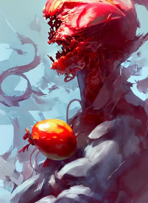 Image similar to semi reallistic gouache gesture painting, by yoshitaka amano, by ruan jia, by Conrad roset, by dofus online artists, detailed anime 3d render watermelon monster, watermelon terrible monster, antrophomorfic watermelon, portrait, cgsociety, artstation, rococo mechanical, Digital reality, sf5 ink style, dieselpunk atmosphere, gesture drawn