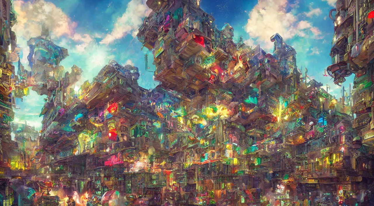 Image similar to bazaar zouk place aladin block greeble multicolorful sky shine mattepainting, street art, trending on artstation, by huang guangjian and gil elvgren and sachin teng