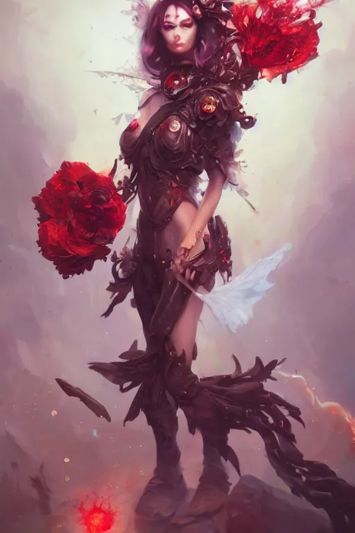 Image similar to beautiful girl necromancer covered with blood exploding crystals, 3 d render, hyper realistic detailed portrait, holding magic flowers, scifi, fantasy, hyper detailed, octane render, concept art, peter mohrbacher, artgerm, ruan jia, wlop