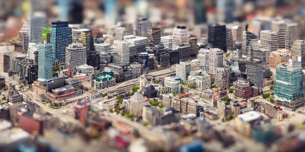 Prompt: a miniature diorama of downtown montreal, macro photography, tilt shift