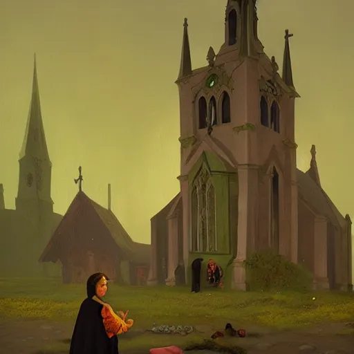 Image similar to a story about a witch begging for her life in a church, victorian painting, by simon stalenhag