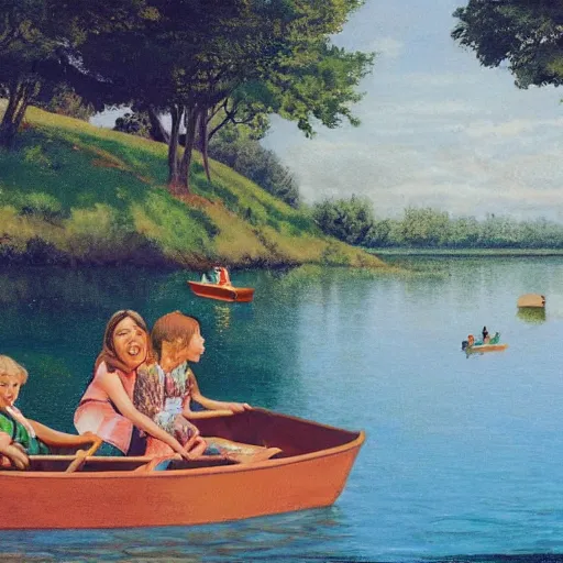 Image similar to The land art depicts a group of well-dressed women and children enjoying a leisurely boat ride on a calm day. The women are chatting and laughing while the children play with a toy boat in the foreground. alternate dimensions by Tibor Nagy, by Ken Kelly angular, doom