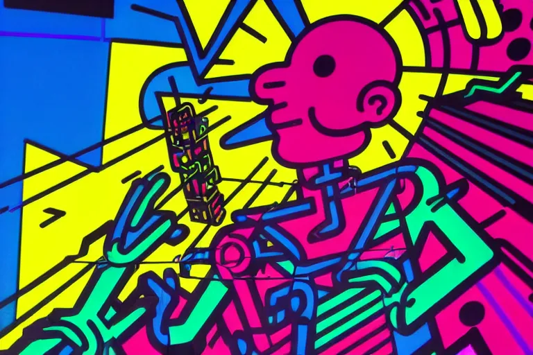 Image similar to pop art of a giant cyberpunk god walking in a city, bright neon colors, intricate details, complementary colors, detailed face, backlighting, octane render, depth of field, extremely detailed, trending in artstation, focus on face, sharp focus, radiant light, beautiful composition, drawn by roy lichtenstein, keith haring, romero britto