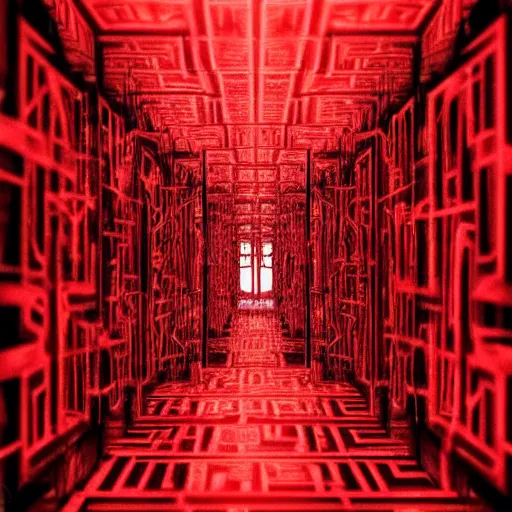 Prompt: loneliness and fear in a red future limbo abstract mirror maze dark highly detailed