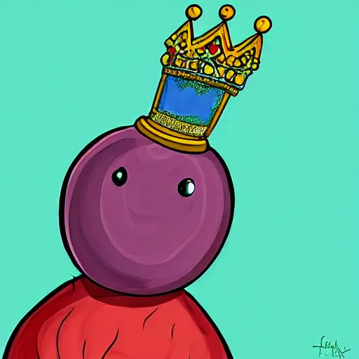 Image similar to kidney bean holding a staff, wearing crown, cartoon character, digital art, fun,