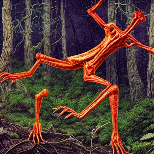 Prompt: ultra realisic creepy long leg monster cover of roten flowers in a dark forest at midnight