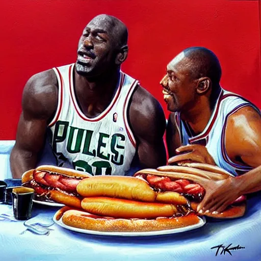 Image similar to portrait of larry bird and michael jordan sharing hotdogs, an oil painting by ross tran and thomas kincade w 7 6 8