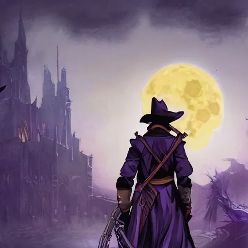 Image similar to an ultradetailed animation of darkwing duck dressed as the hunter from bloodborne, let's get dangerous, in the style animation of darkwing duck, digital art, dark fantasy, concept art, soulslike, by alphonse mucha, blood moon eclipse, wherewolves in a ruined building in the background, artstation, 8 k, unreal engine render