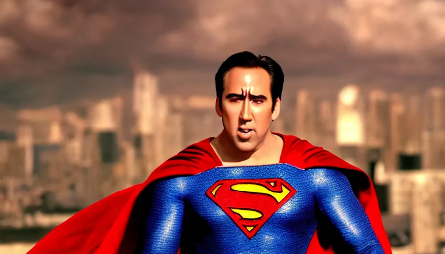 Image similar to nicholas cage as superman, film footage, superman returns ( 2 0 0 6 ), 4 k, highly detailed, screencap