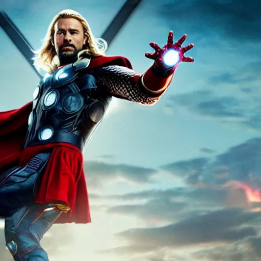 Image similar to promotional image of Thor as Iron Man in Iron Man（2008）, he wears Iron Man armor without his face, movie still frame, promotional image, imax 70 mm footage