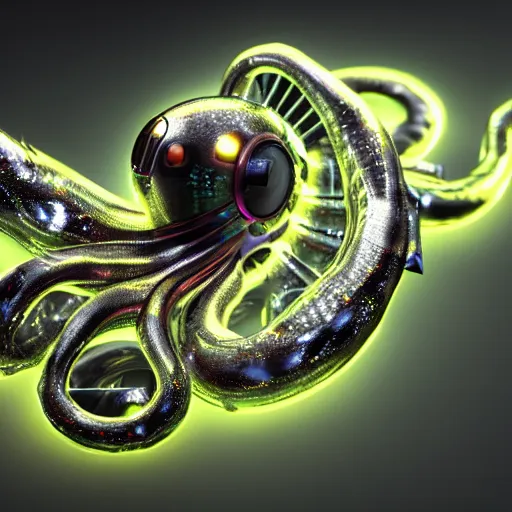 Prompt: an extremely high quality 8 k 3 d render of a metallic cyberpunk neon octopus with polished, highly reflective highly detailed, clean, sharp, crisp clean shapes, cast glass eyes, symmetry, mercury, chrome, obsidian, highly detailed, tentacles, high detail, very aesthetically pleasing