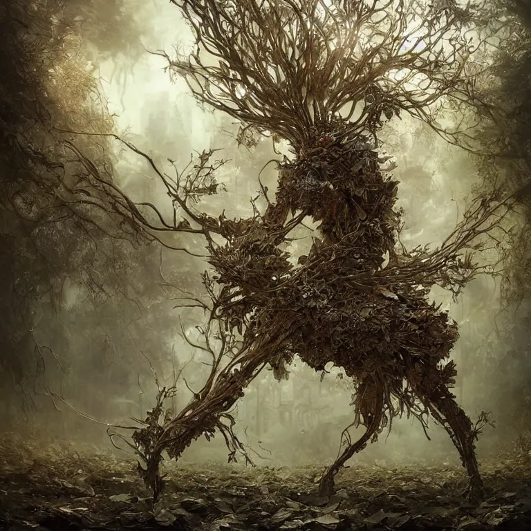 Prompt: glass collage of lomography shot of a realistic cataphract fierce tree made of leaves, headdress, depth of field, dusty, dramatic light, dystopian environment, intricate, highly detailed, artstation, sharp focus, artgerm, tomasz alen kopera, peter mohrbacher, donato giancola, boris vallejo