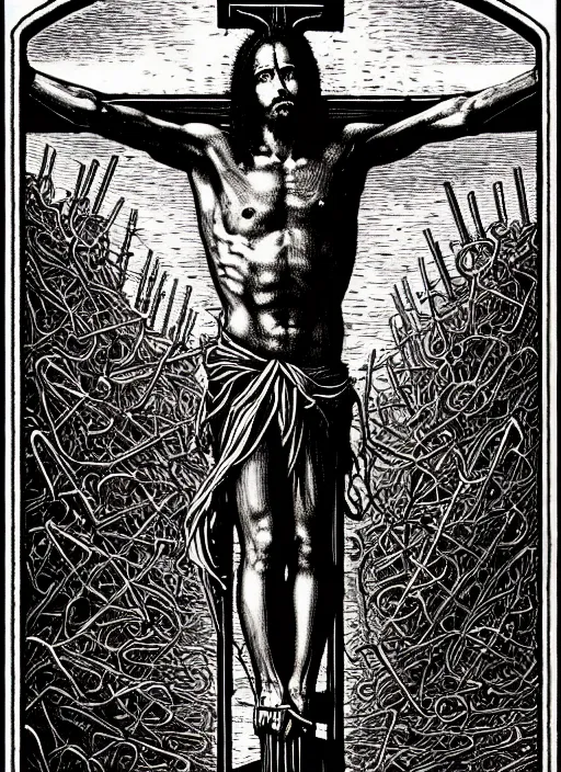 Prompt: crucifixion tarot card portrait, biomechanical, intricate artwork masterpiece, majestic, doom cinematic lighting, volumetric 8 k, by apollonia saintclair, josan gonzalez, gustave dore, h. r. giger, kilian eng, trending on cgsociety, 8 k