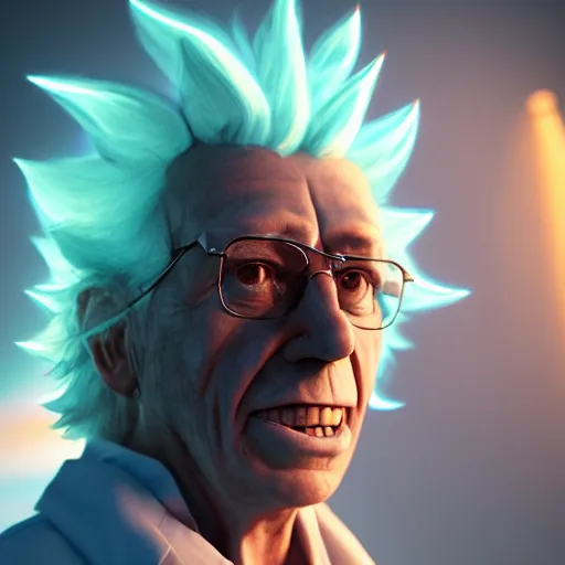 Image similar to portrait of old shaved rick sanchez, lab coat and tee shirt, lens flare, atmosphere, glow, detailed, intricate, full of colour, cinematic lighting, trending on artstation, 4 k, hyperrealistic, focused, extreme details, unreal engine 5, cinematic, masterpiece