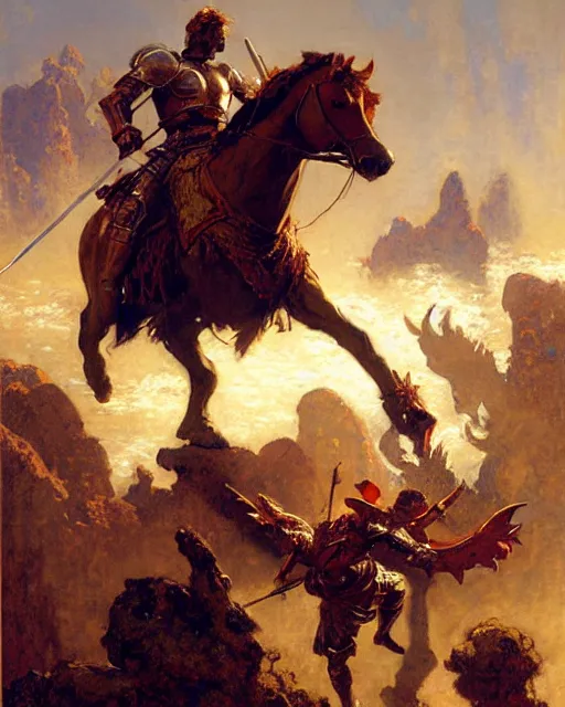 Image similar to rugged knight battles a hydra, painting by gaston bussiere, craig mullins, j. c. leyendecker