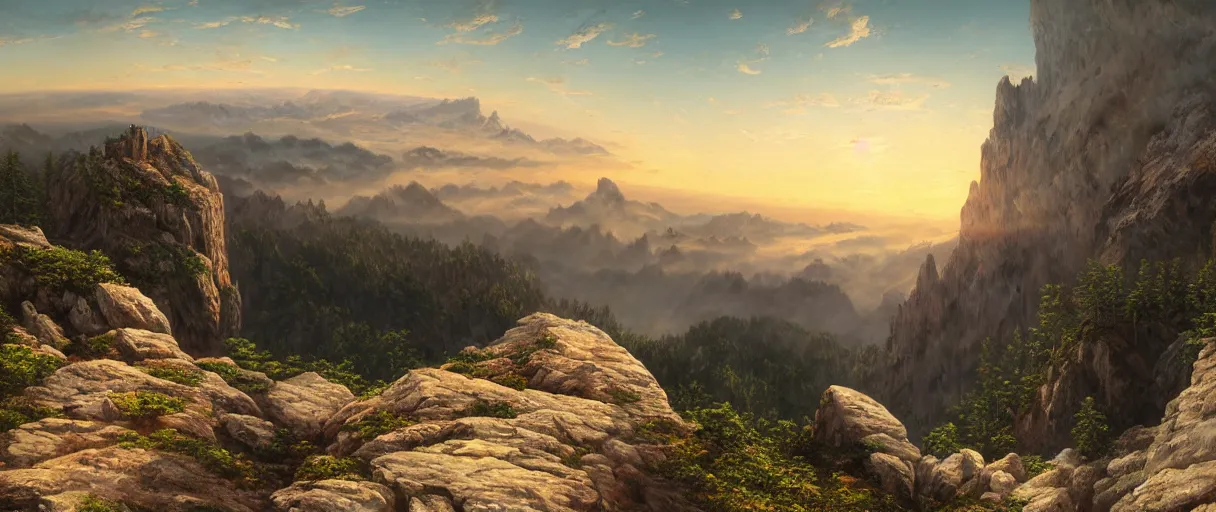 Prompt: a photorealistic breathtaking aerial view of the eastern alps mountain range at sunrise, cliffs, volumetric light, haze, fog, hyperrealism, rock edge, highly detailed, intricate, cinematic, front facing camera, cinematic, epic lighting, 8 k by frederic church, albert bierstadt