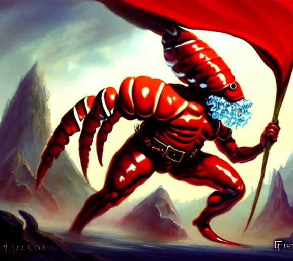 Prompt: magic : the gathering fantasy character concept art of the great anthropomorphic lobster wearing santa outfit by franz frazetta, high resolution. a clear portrait of powerful lobster wearing a santa outfit, magical christmas fantasy in background, fantasy coloring, intricate, digital painting, artstation, smooth, sharp focus