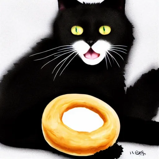 Prompt: a black fluffy cat holding a bagel, digital art