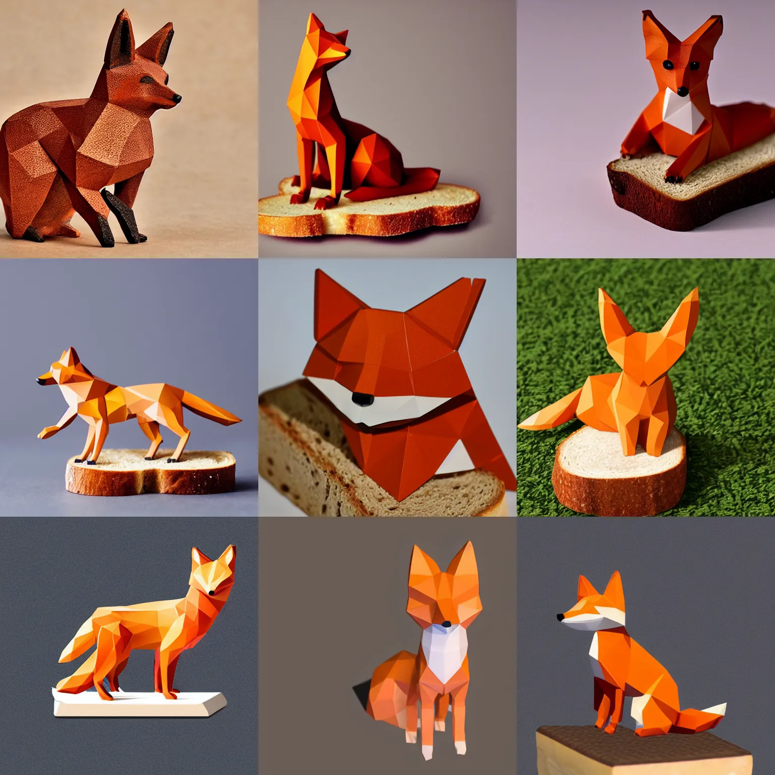 Prompt: A low poly statuette of a fox on a piece of bread. solid Background.