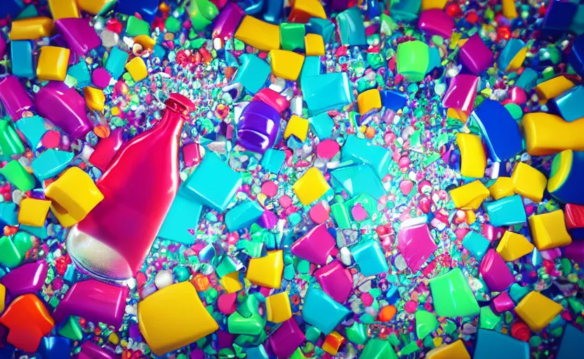 Image similar to a milk bottle spilling out graffiti and bling, 3d, fake caustics, cinema 4d, maxon one, trending on behance, strong composition, Beautiful colors.