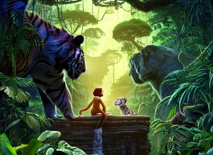 Image similar to a moist and misty jungle, a majestic tiger peeks through the brush, vines swoop in to frame, full color, depth of field, cinematic, digital art in the style of Disney live action the jungle book,