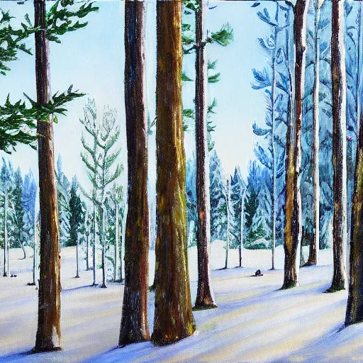 Image similar to a painting of a snowy forest with trees, an acrylic painting by Ray Crooke, metropolitan museum, contest winner, american scene painting, detailed painting