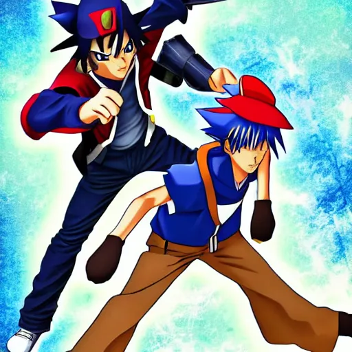 Image similar to ash ketchum dueling yugi moto, anime, highly detailed