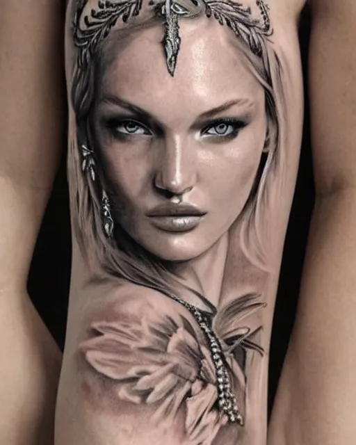 Image similar to realism tattoo sketch of candice swanepoel as a beautiful greek goddess aphrodite with piercing eyes wearing a laurel wreath and triangle earrings, in the style of greg rutkowski, amazing detail