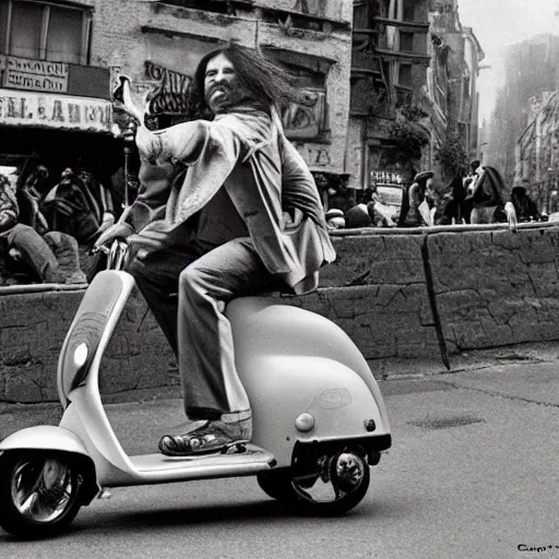 Image similar to a photo by ted nasmith and hans zatzka and quentin tarantino, a y 2 k aesthtic hip scooter messenger driving through a crowded city street