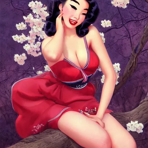 Image similar to pin - up portrait of a beautiful young mulan, pretty long hair, cherry blossoms, intense flirting, showing curves, symmetrical face, digital art, smooth, extremely detailed, model pose, by wu bayard, by gil elvgren, by ralph horsley, by hanks steve