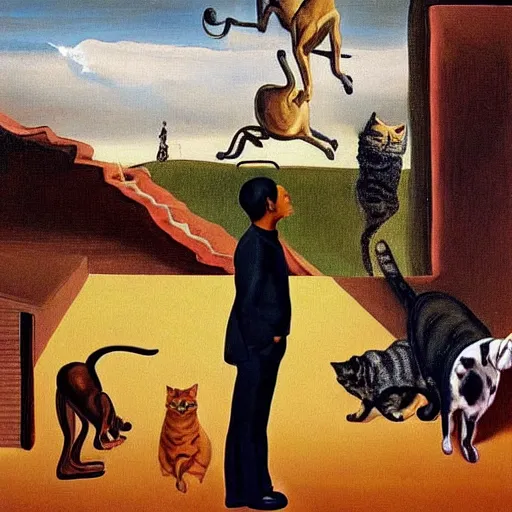 Prompt: a painting of a man standing. above the man is a cat. below the man is another cat. to his left and right there are dogs. the dogs are looking at the cats in a hungry way. the painting is by salvador dali, trending on artstation