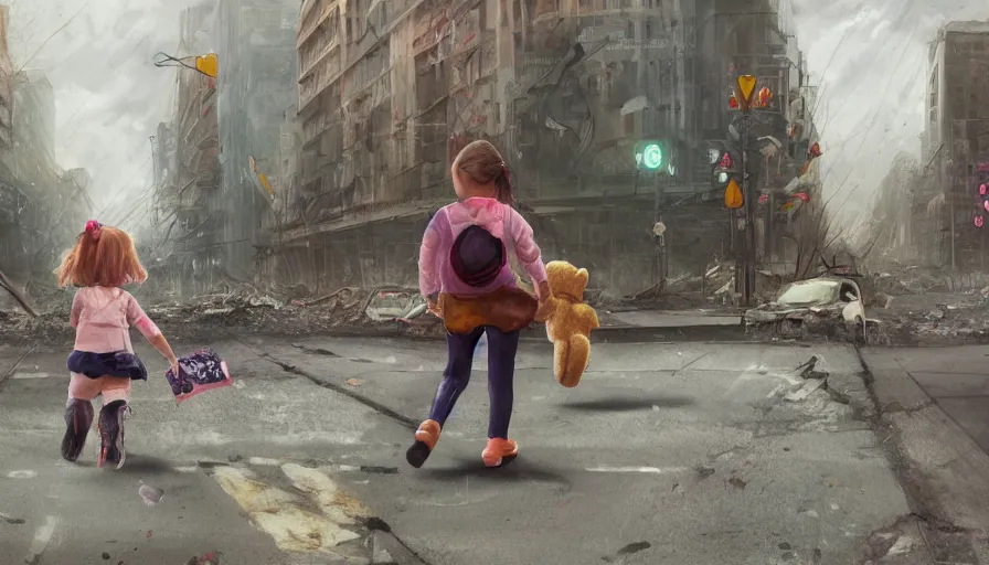 Prompt: back view of little girl and her teddy bear crossing destroyed washington dc's streets, debris, collapsed buildings, cloudy day, hyperdetailed, artstation, cgsociety, 8 k