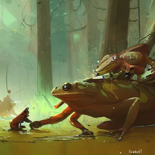 Prompt: concept art of a frog warrior battling a squirrel warrior near a stream, by ismail inceoglu,