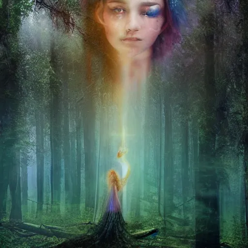 Prompt: goddess of the universe. fantasy. ultra realistic portrait of the women. wrapped in wet silk. melted wax. magical. high fantasy. forest. volumetric lighting. nature. haze. epic. cinema.