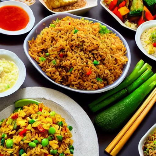Prompt: delicious plate of fried rice and tofu, nasi goreng, lots of vegetables, HD food photo