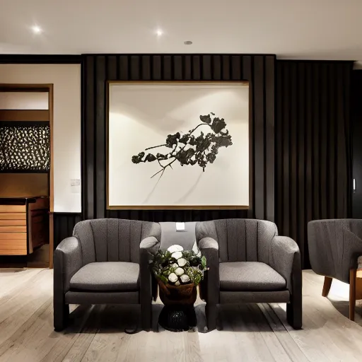 Image similar to lounge and dining room, stone, interior design, stylish luxury hotel living room design, yakisugi, black vertical slatted timber, textures, feminine, black walls, art, Japanese pottery vase with flowers, kakejiku, seasonal, Japanese influences