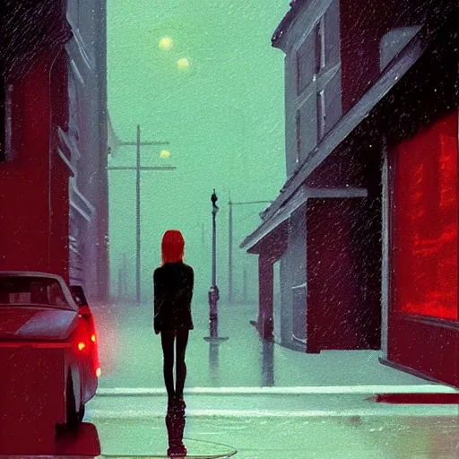 Prompt: Elle Fanning stalking her prey at night in the world of Edward Hopper, stormy snowy weather, streetlights, extremely detailed masterpiece, oil on canvas, low-key neon lighting, artstation, Blade Runner 2049, Roger Deakin’s cinematography, by Tomer Hanuka and Peter Paul Rubens,