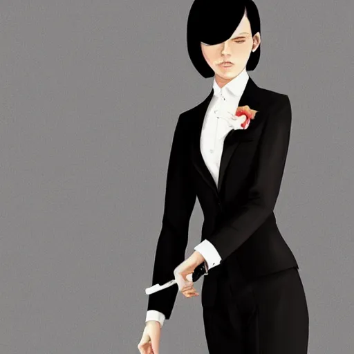 Image similar to slim girl in tuxedo with short black hair, elegant, 2d, ultra highly detailed, digital painting, smooth, sharp focus, artstation, art by Ilya Kuvshinov