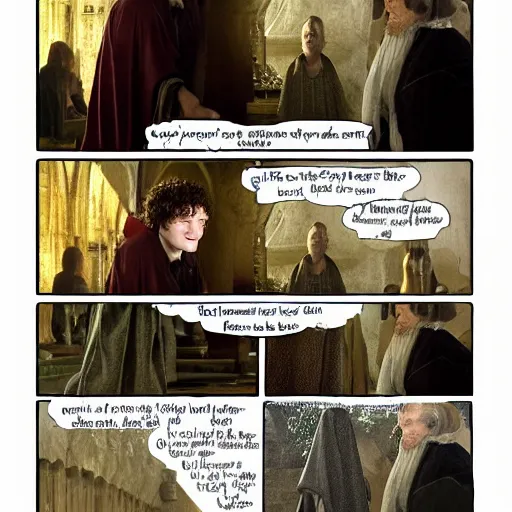 Image similar to frodo baggins meeting dumbledore, in hogwarts, cinematic