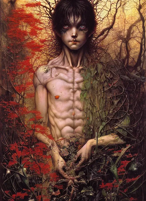 Prompt: realistic detailed image of an boy lost in the deep woods by Ayami Kojima, Amano, Karol Bak, Greg Hildebrandt, and Mark Brooks, Neo-Gothic, gothic, rich deep colors. Beksinski painting, part by Adrian Ghenie and Gerhard Richter. art by Takato Yamamoto. masterpiece