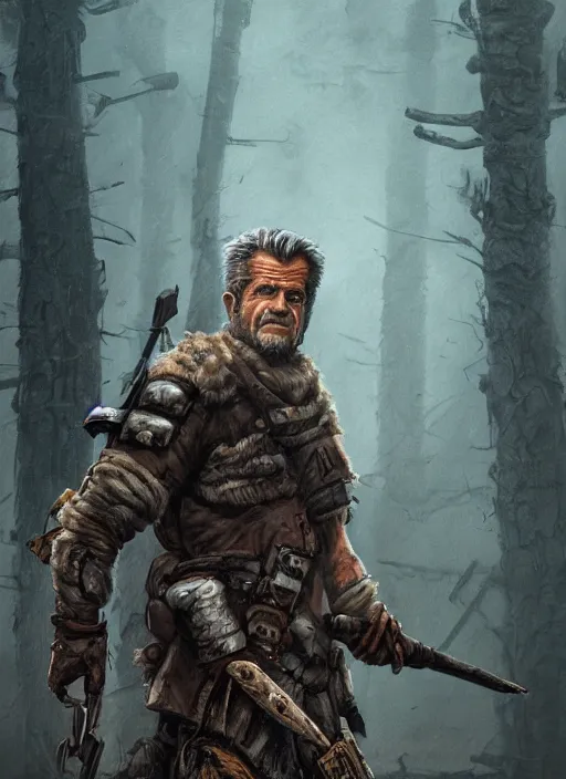 Image similar to A grimdark comic book style portrait painting of Mel Gibson as a post apocalyptic warrior survivalist in a atmospheric dark bombarded landscape with large dead trees, unreal 5, DAZ, hyperrealistic, octane render, RPG portrait, ambient light, dynamic lighting